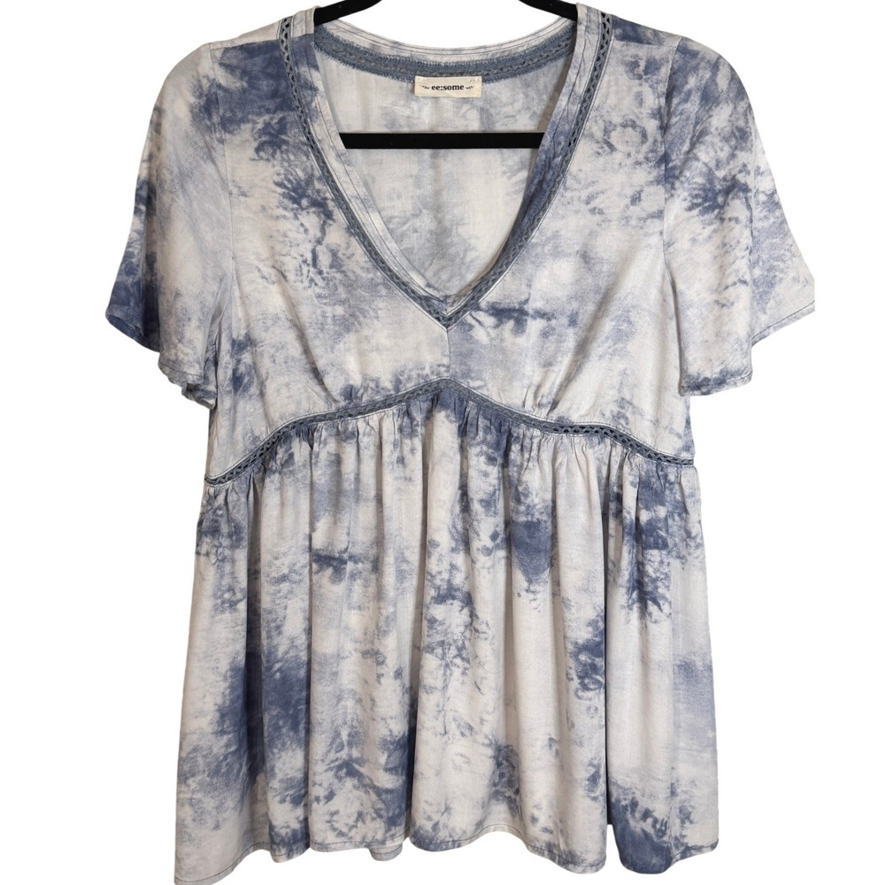 Ee:some Blue Tie Dye Babydoll‎ Tunic Top V-Neck Flutter Sleeve Boho Medium